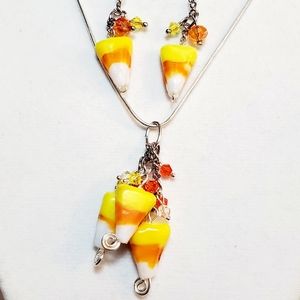 Candy corn necklace earring set. Halloween
